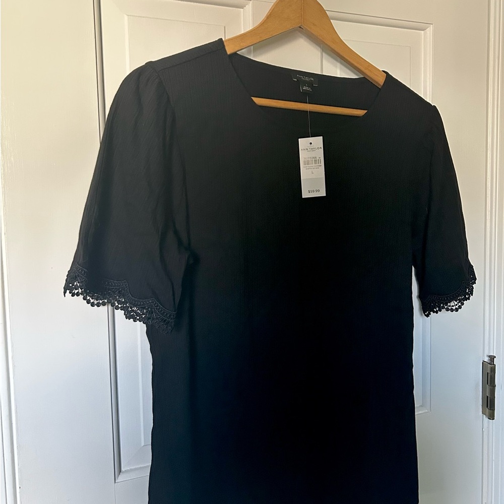 Ann Taylor Chic Black Top with Lace Sleeves